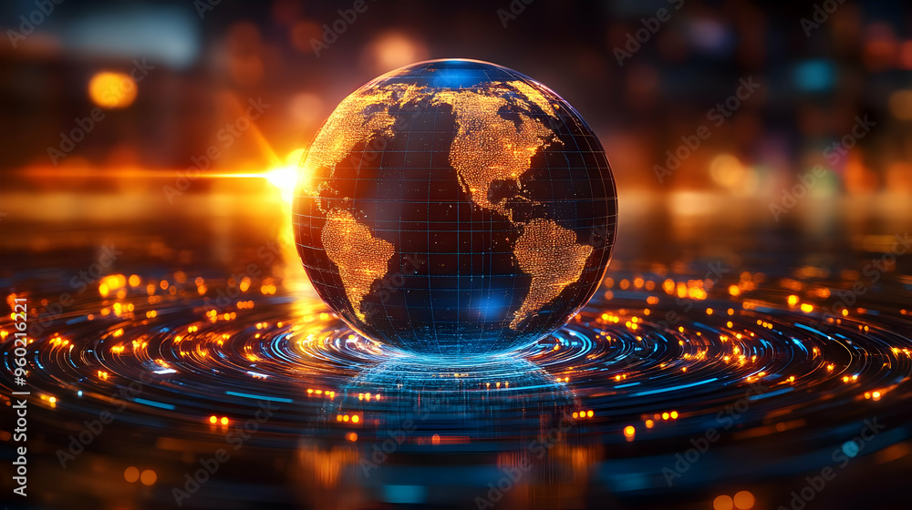 A glowing globe surrounded by rippling water effects. A glowing globe surrounded by rippling water effects.