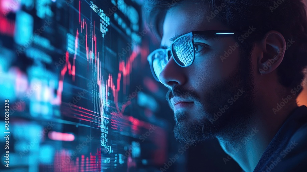 Digital financial advisor analyzing loss graphs, digital financial, futuristic market instability Digital financial advisor analyzing loss graphs, digital financial, futuristic market instability
