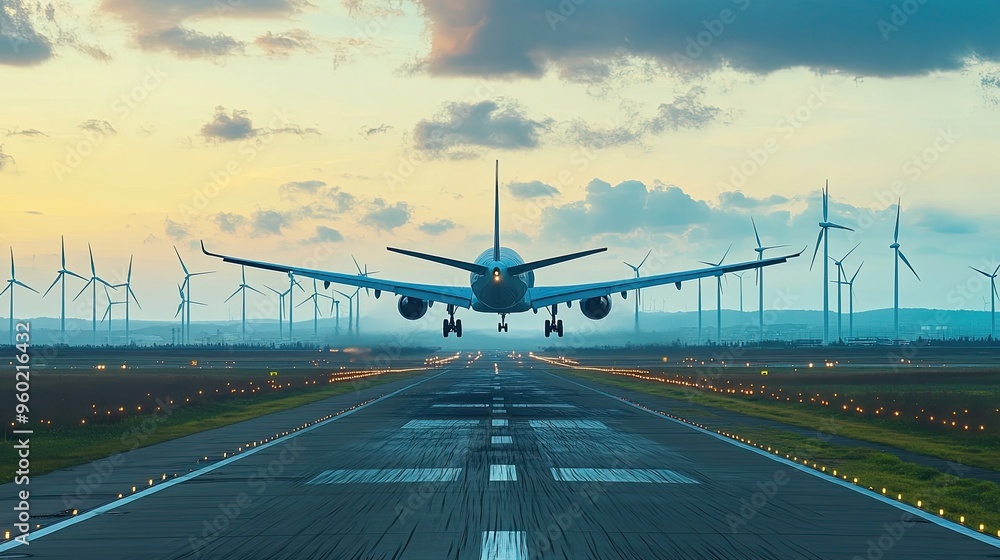 Eco-friendly airplane on a runway with biofuel-powered engines, taking off with a backdrop of wind farms, showcasing sustainable aviation efforts Eco-friendly airplane on a runway with biofuel-powered engines, taking off with a backdrop of wind farms, showcasing sustainable aviation efforts