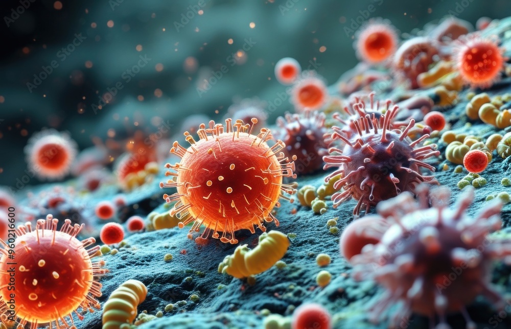 Fototapeta premium Close-up of red and yellow virus particles