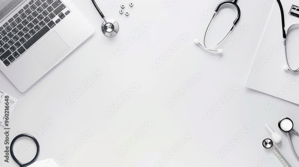 Medical Supplies and a Laptop on a White Table Medical Supplies and a Laptop on a White Table