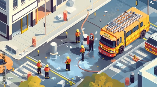 Illustration of emergency responders managing a city street scene with fire truck and equipment photo