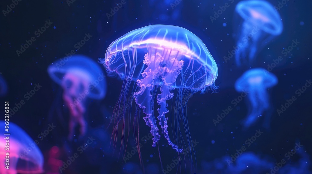 Ethereal jellyfish floating through a dark aquarium, illuminated by neon blue lights that accentuate their translucent bodies Ethereal jellyfish floating through a dark aquarium, illuminated by neon blue lights that accentuate their translucent bodies