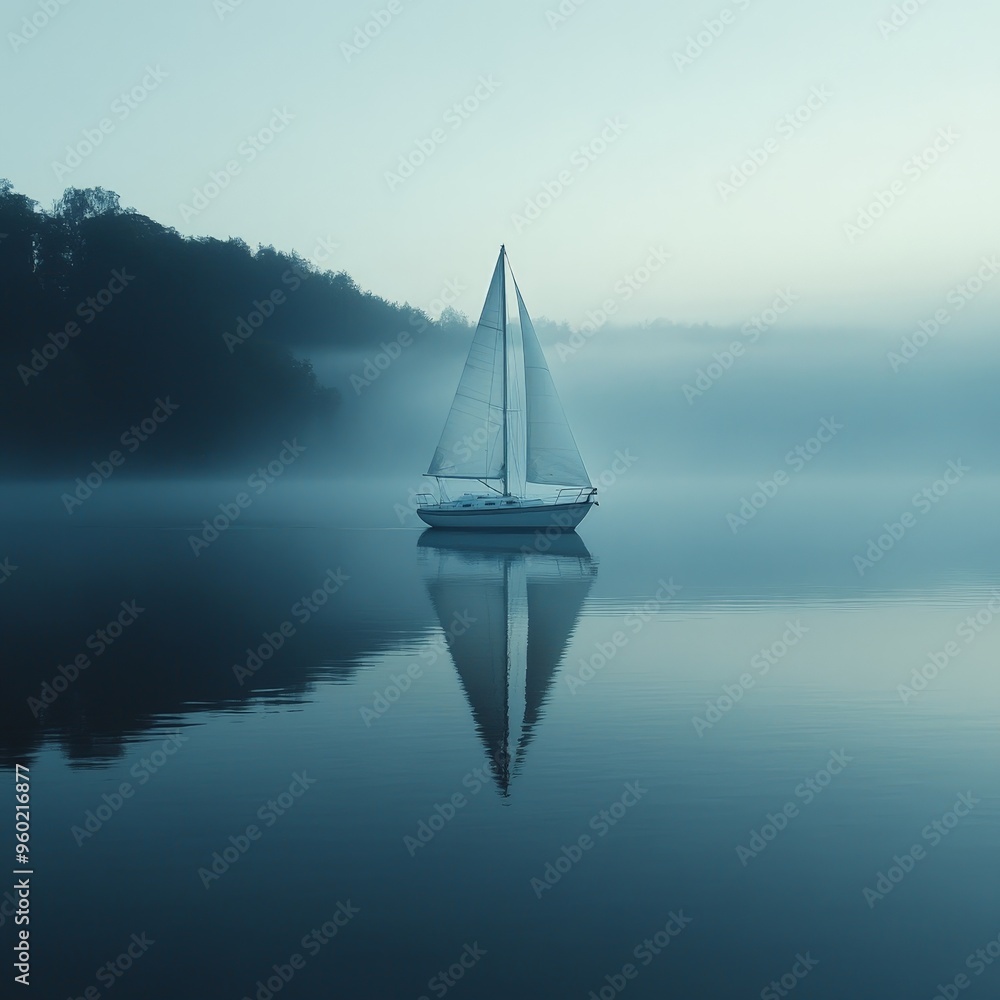 Fototapeta premium Serene Sailboat Reflected on a Misty Morning Lake