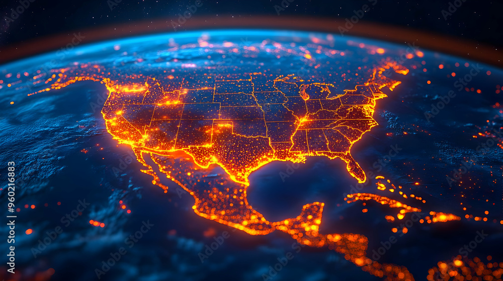 A glowing map of the United States viewed from space at night. A glowing map of the United States viewed from space at night.