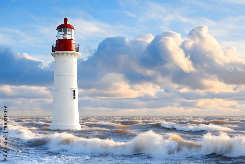A beautiful lighthouse stands tall in the middle of a stormy sea, with waves crashing around it A beautiful lighthouse stands tall in the middle of a stormy sea, with waves crashing around it