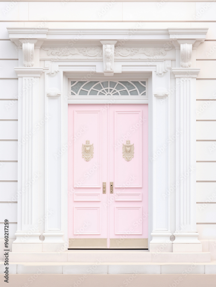 Fototapeta premium Classic closed pastel pink double doors blank empty mock up space white columns wall building home traditional entrance London townhouse Parisian architecture sweet lux pretty chic simple minimal