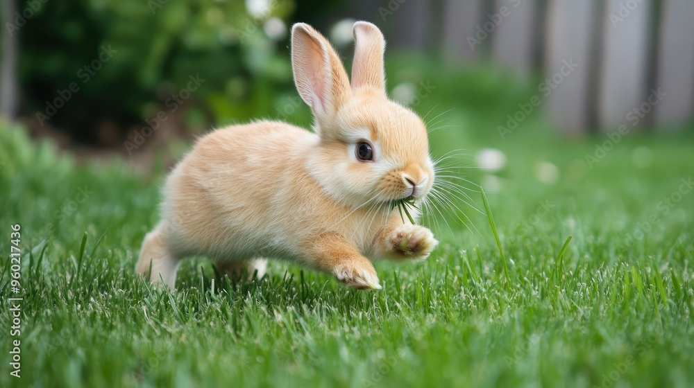 Fluffy baby rabbit running through a grassy yard, chewing on fresh blades of grass, embodying the charm and appeal of small pets Fluffy baby rabbit running through a grassy yard, chewing on fresh blades of grass, embodying the charm and appeal of small pets