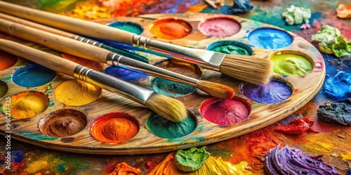 Oil paints and paint brushes arranged on a colorful palette