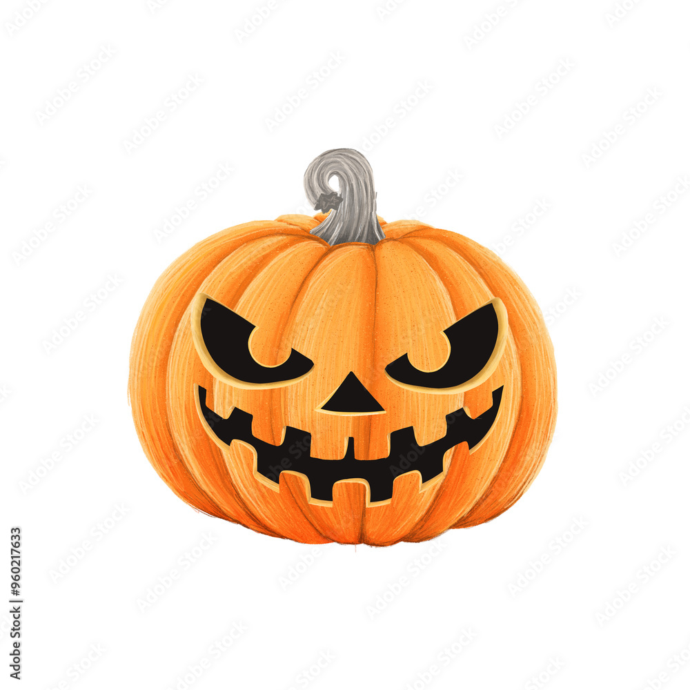 Fototapeta premium Spooky Carved Pumpkin with Evil Grin Illustration on a transparent background. Halloween pumpkin face