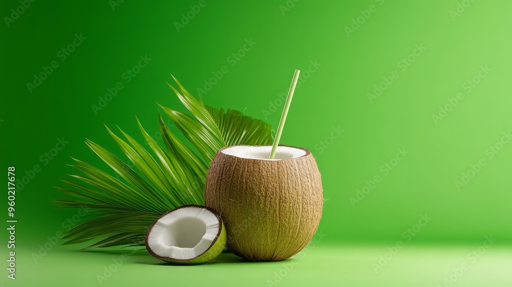 Fresh Coconut with Straw and Palm Leaf on Green Background Fresh Coconut with Straw and Palm Leaf on Green Background