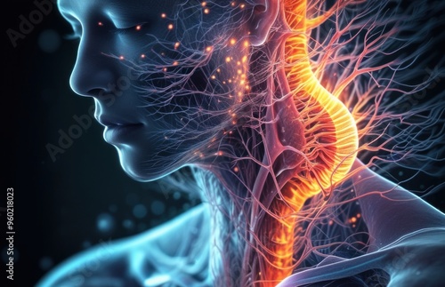 Woman with neck pain and glowing neck