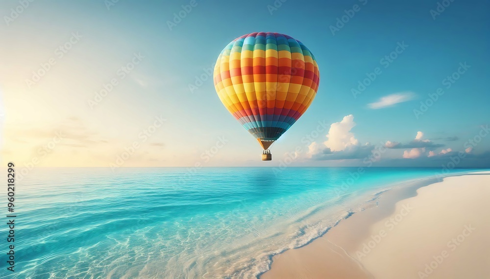 Hot air balloon floating over a serene tropical beach with clear turquoise waters at sunrise
Hot air balloon floating over a serene tropical beach with clear turquoise waters at sunrise