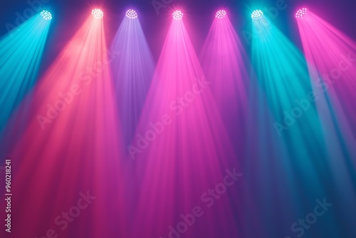 Dazzling light rays fanning out from a central source, rainbow colors, dramatic concert setting, vibrant and energetic