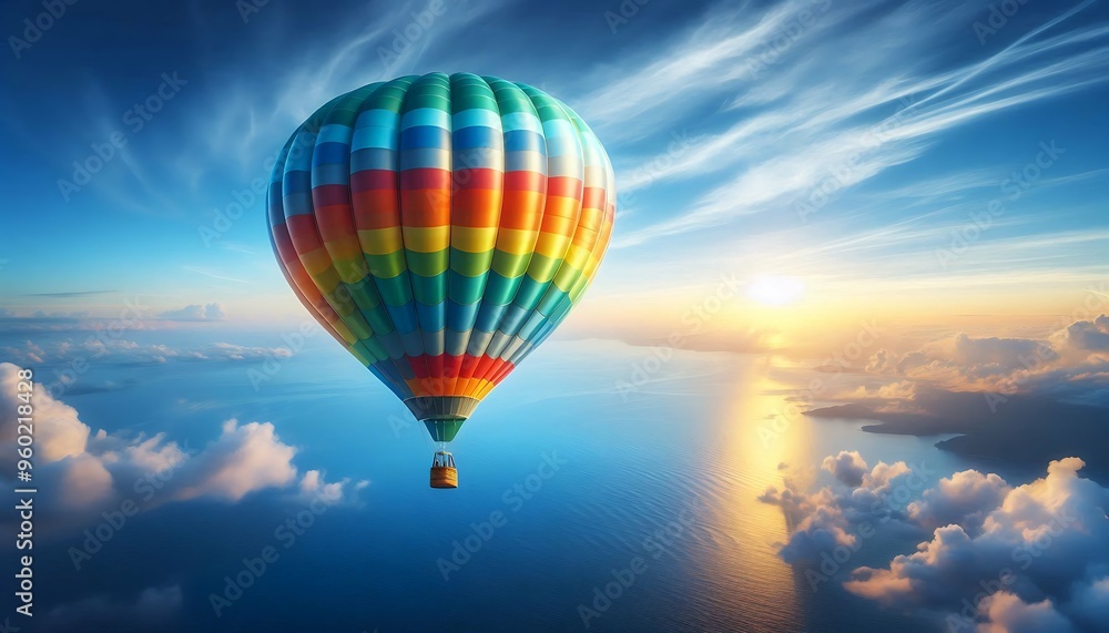 Obraz premium Hot air balloon floating high above the ocean at sunrise with clouds and islands below 