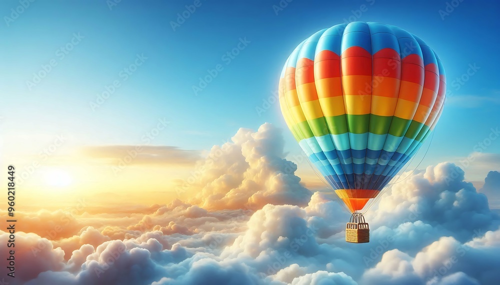 Fototapeta premium Hot air balloon floating above clouds at sunrise with a vibrant sky 