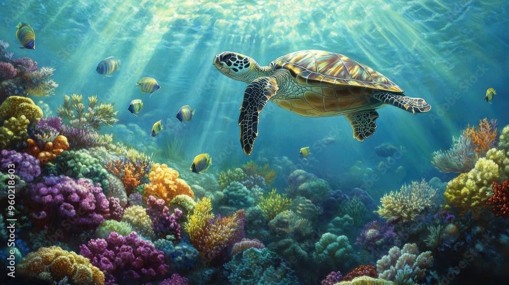 Obraz premium Schools of bright, neon fish and a graceful sea turtle swimming amidst a thriving coral reef, with sunlight filtering through the turquoise water