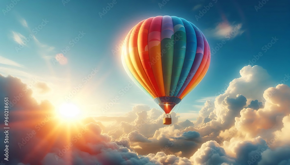 Fototapeta premium Hot air balloon floating above clouds at sunrise with a radiant sky
