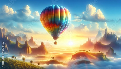 Hot air balloon floating over a mystical landscape with towering cliffs and misty valleys at sunrise 