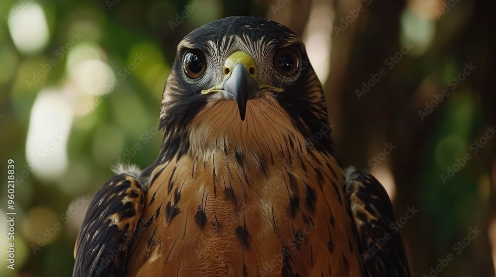 A close-up of a Galapagos hawk, with its sharp eyes and powerful beak in focus. A close-up of a Galapagos hawk, with its sharp eyes and powerful beak in focus.