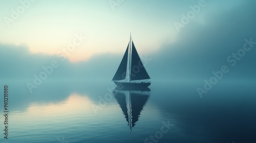 Serene Sailboat Reflected on a Misty Morning Lake