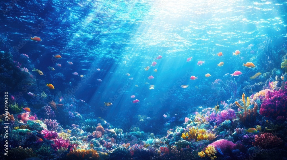 Seascape image of a shoal of vivid fish swimming through the blue ocean, coral gardens below, sunlight filtering through the water, highlighting the vibrant marine life Seascape image of a shoal of vivid fish swimming through the blue ocean, coral gardens below, sunlight filtering through the water, highlighting the vibrant marine life