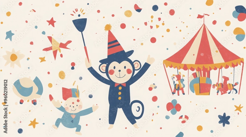 Carnival elements in contemporary flat, line style. Hand-drawn illustrations featuring a magician’s wand, circus tent, acrobatic performer, vintage carousel, colorful confetti, and a playful monkey wi Carnival elements in contemporary flat, line style. Hand-drawn illustrations featuring a magician’s wand, circus tent, acrobatic performer, vintage carousel, colorful confetti, and a playful monkey wi