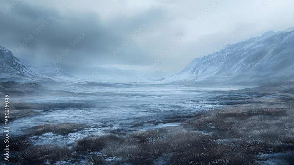 Mystical Frozen Lake in a Mountain Valley. Mystical Frozen Lake in a Mountain Valley.