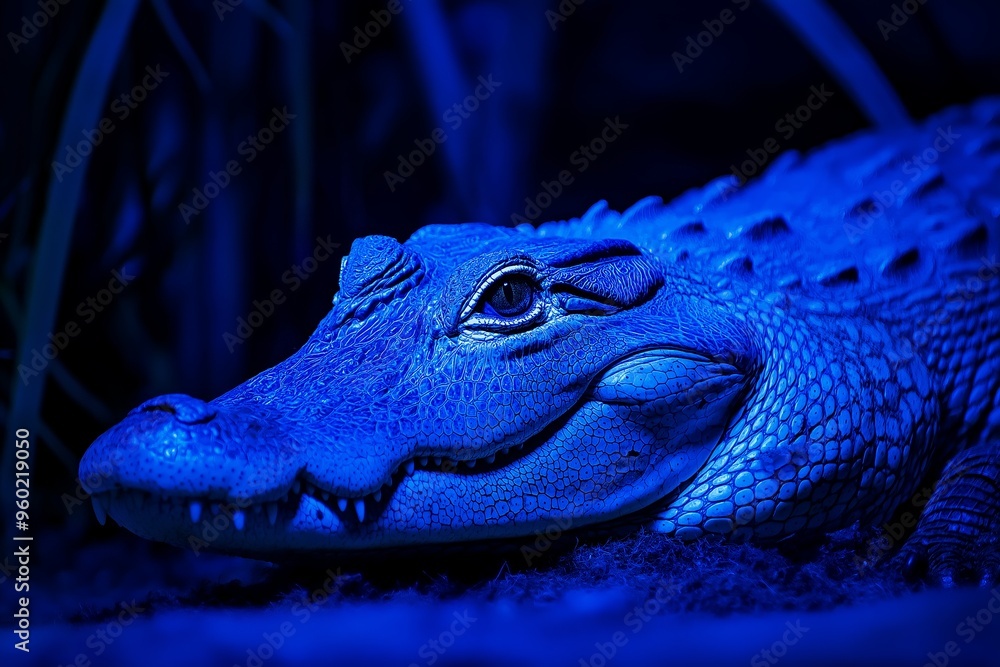 Fototapeta premium A close-up shot of a crocodile under dramatic blue lighting, highlighting the reptile's texture and scales.