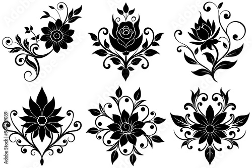 A set of black floral calligraphic element silhouettes