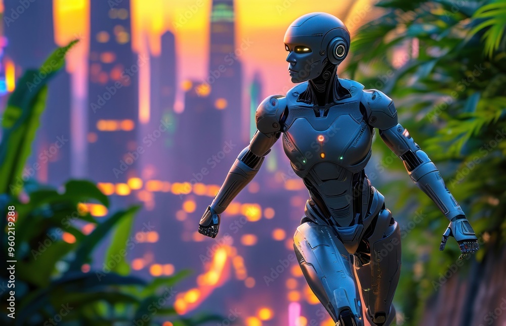 Fototapeta premium Close-up of a robot running through a city.