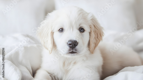 Heartwarming Close-Up of a Fluffy Golden Retriever Puppy with Expressive Eyes on a Soft Neutral Background. This Adorable Puppy Brings Joy with Its Playful and Loving Expression