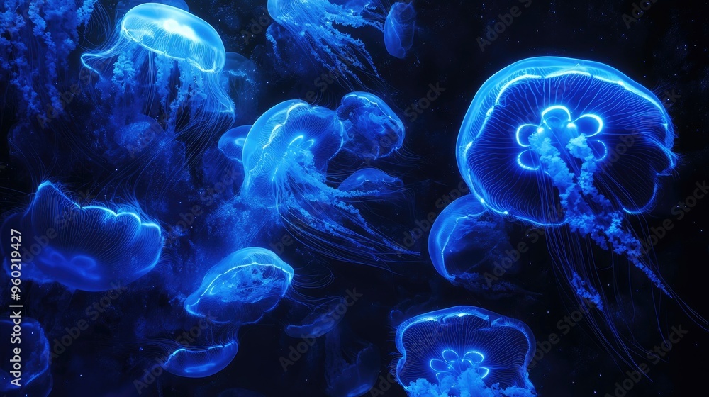 Surreal underwater scene featuring jellyfish illuminated in blue neon light, their delicate forms drifting in a dark, shadowy background Surreal underwater scene featuring jellyfish illuminated in blue neon light, their delicate forms drifting in a dark, shadowy background