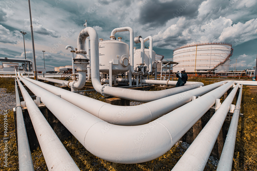 Male worker inspection at steel long pipes and pipe elbow in station oil factory during refinery valve of visual check record Male worker inspection at steel long pipes and pipe elbow in station oil factory during refinery valve of visual check record