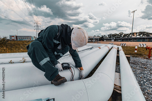 Male worker inspection and measurement thickness pipeline oil and gas at check record pipeline photo