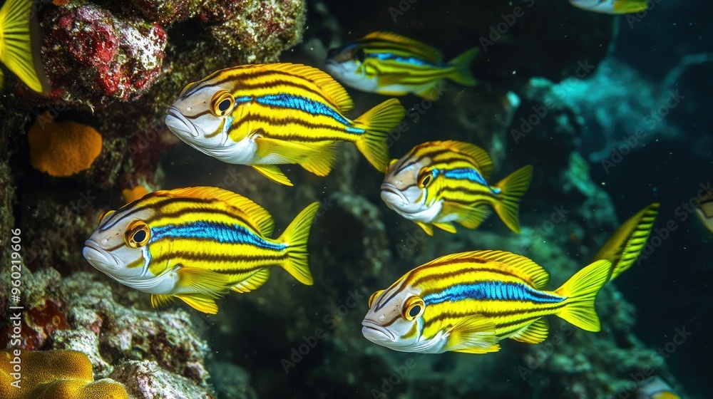 Fototapeta premium Sweetlips fish with bold stripes and bright colors schooling together in the crystal-clear waters of Hawaii, USA, near a coral reef wall