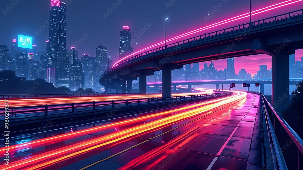 Fototapeta premium Bustling City Street at Night with Dynamic Neon Light Trails