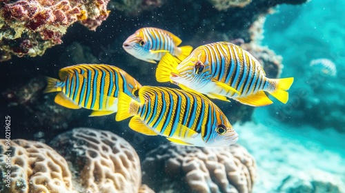 Sweetlips fish with bold stripes and bright colors schooling together in the crystal-clear waters of Hawaii, USA, near a coral reef wall photo