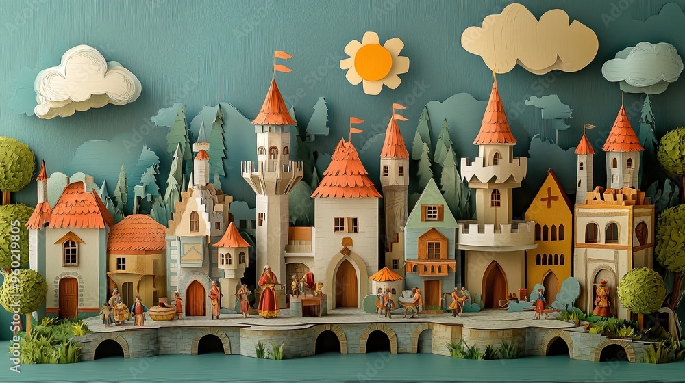 Paper Building Design Renaissance 44. A 3D paper art depiction of a European renaissance fair, featuring ...