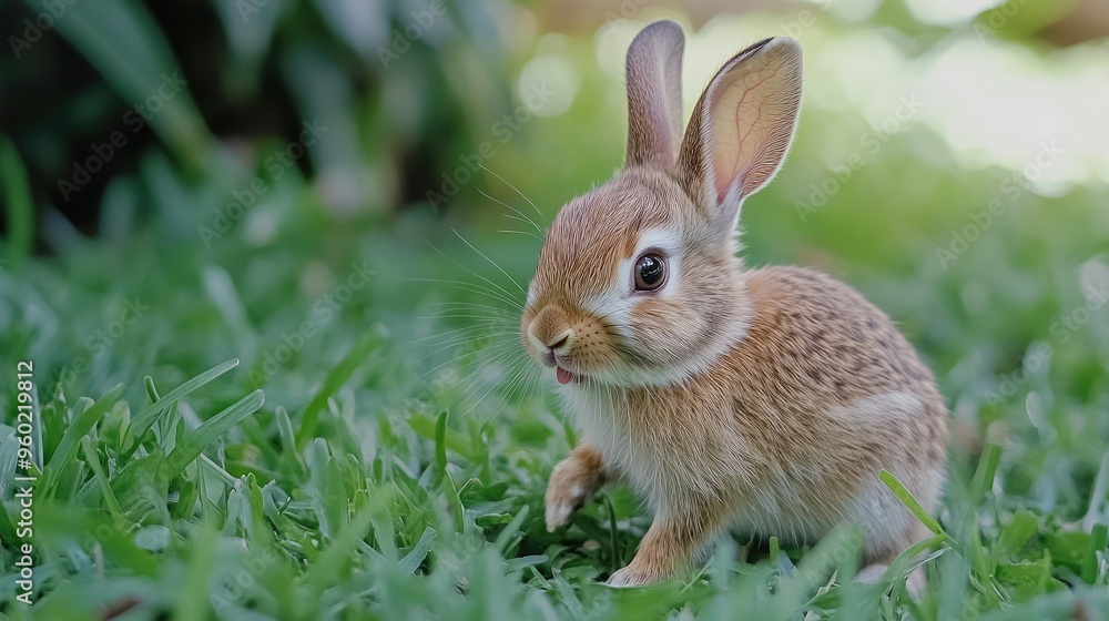 Tiny baby rabbit hopping in a lush green yard, pausing to bite the grass, capturing the adorable moments of this popular pet in action Tiny baby rabbit hopping in a lush green yard, pausing to bite the grass, capturing the adorable moments of this popular pet in action