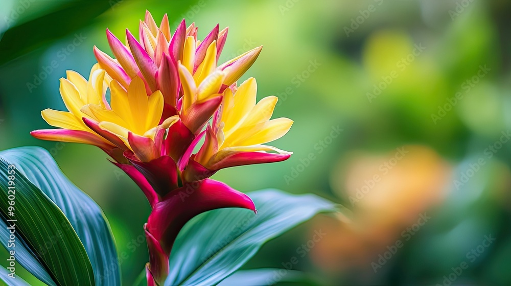 A close-up of a vibrant, exotic flower blooming in a tropical garden. A close-up of a vibrant, exotic flower blooming in a tropical garden.