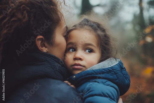 A heartwarming image of a mother hugging her young child outdoors, capturing a tender moment of love and protection.