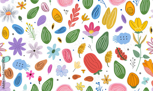 Simple vector graphics with cute doodle style icons of seeds and flowers, ideal for adding a whimsical touch to your projects.