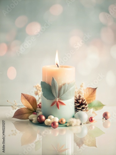 Elegant pastel candle with soft bokeh lights and delicate autumn leaves, calming holiday decor