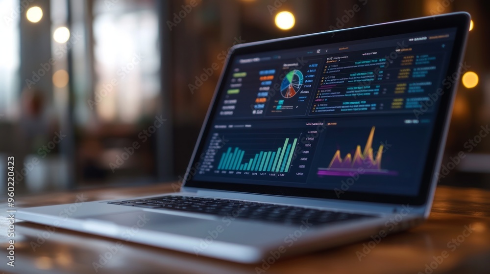 Laptop Displaying Financial Data and Charts in a Dimly Lit Setting Laptop Displaying Financial Data and Charts in a Dimly Lit Setting