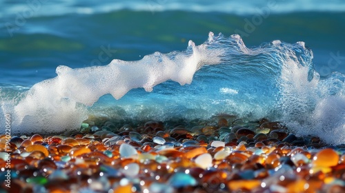 A close-up of a wave washing over the colorful sea glass on Glass Beach. photo