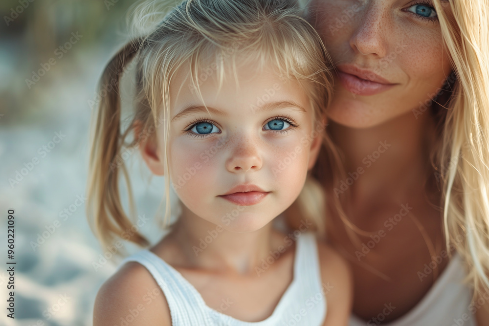A beautiful girl of 4 years old with three short blonde ponytails and blue eyes sits with her blonde-haired mother on the beach A beautiful girl of 4 years old with three short blonde ponytails and blue eyes sits with her blonde-haired mother on the beach