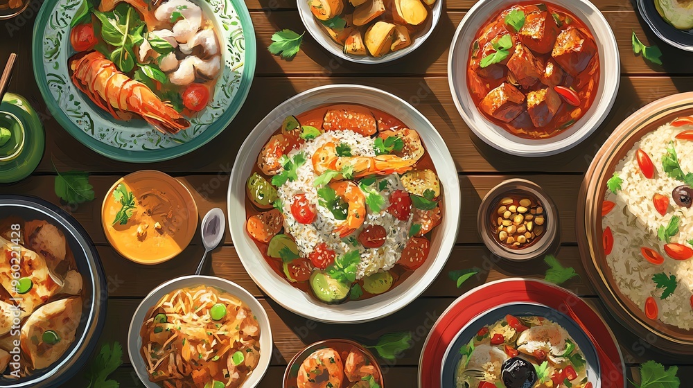 A Table Set with Diverse Asian Dishes and Side Dishes