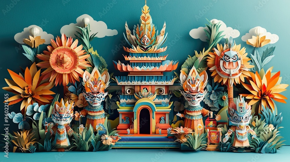 Fototapeta premium 27. A 3D paper art scene with a Thai-inspired cultural festival, featuring elaborate paper decorations, traditional costumes, and vibrant parades. The artwork uses bold colors and detailed textures