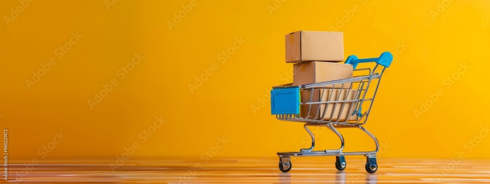 Shopping cart with cardboard boxes on yellow background Shopping cart with cardboard boxes on yellow background